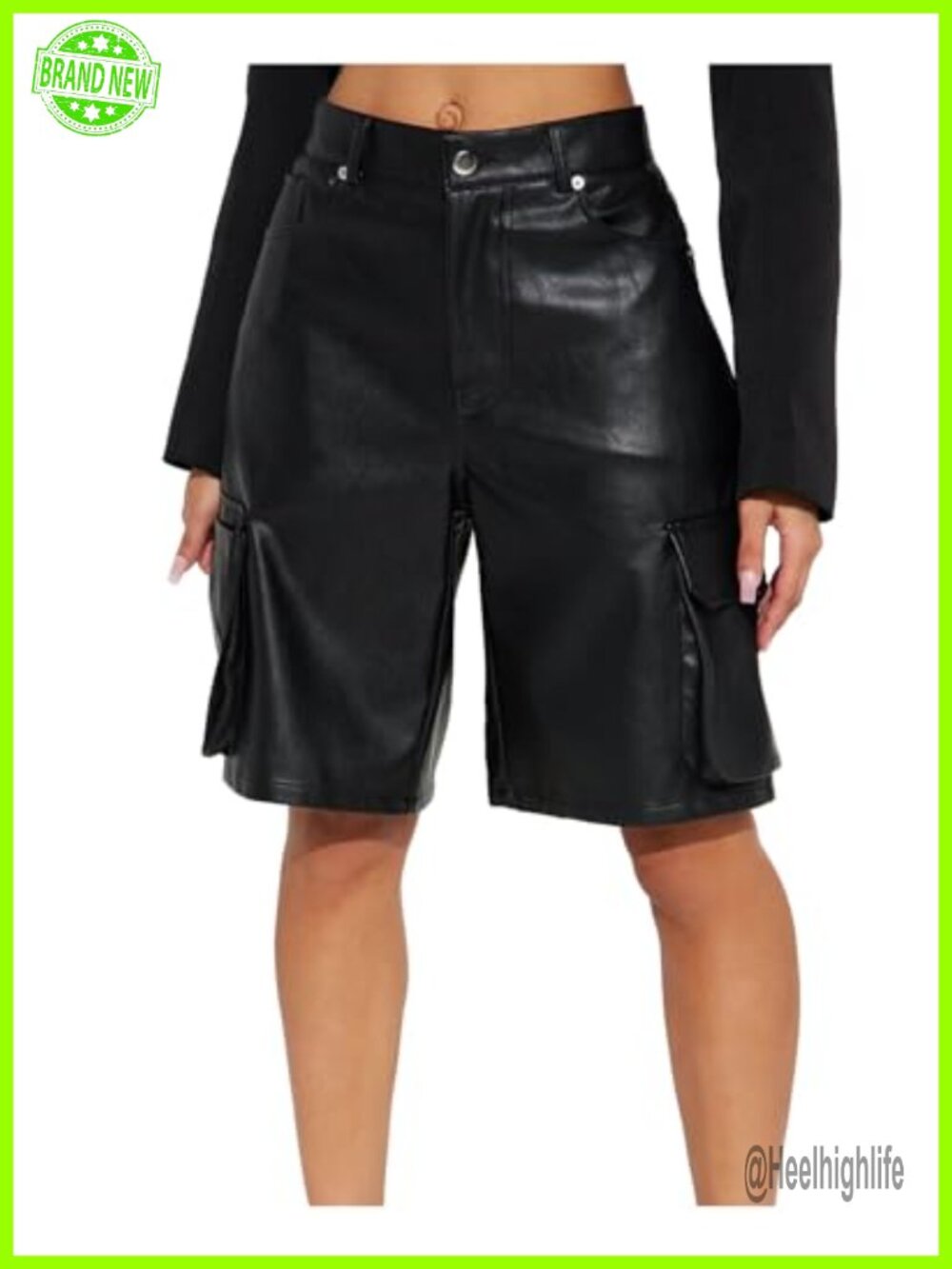 Faux Leather Cargo Shorts High Waisted Bermuda with Pockets